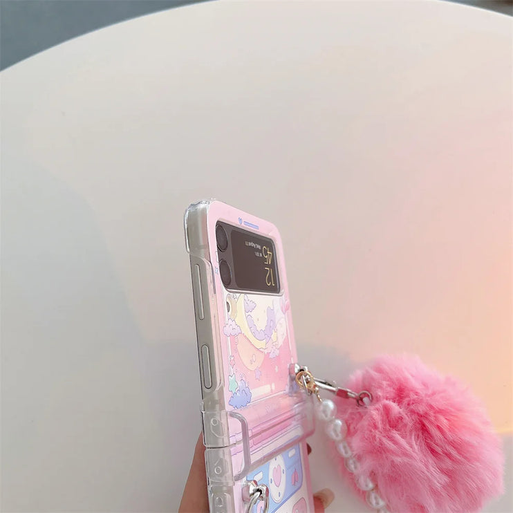 Cute Fluffy Pom Pom Pearl Beaded Wristlet Strap Phone Case Cover for Samsung Z Flip