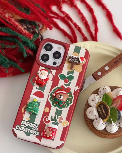 Cute Cartoon Christmas Santa Elk Charm Wristlet Strap Phone Case Cover for iPhone