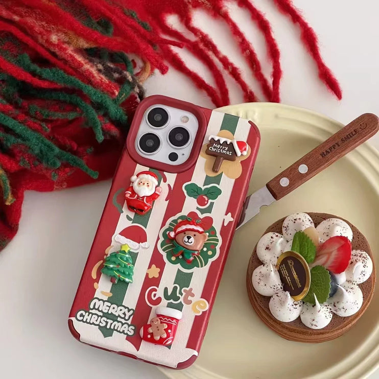 Cute Cartoon Christmas Santa Elk Charm Wristlet Strap Phone Case Cover for iPhone