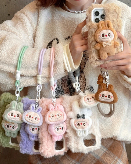 Cute Soft Fluffy Plush Labubu Charm Wristlet Strap Phone Case Cover for iPhone