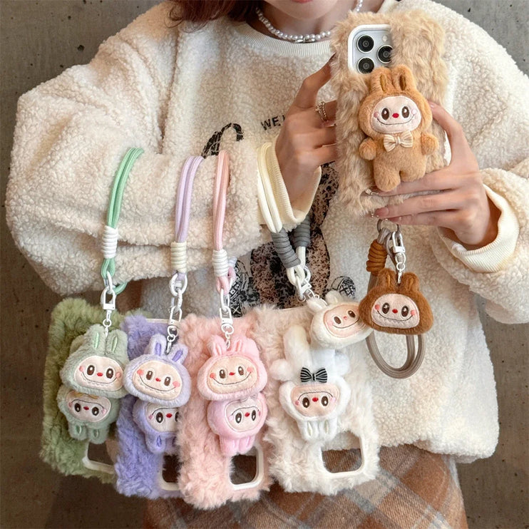 Cute Soft Fluffy Plush Labubu Charm Wristlet Strap Phone Case Cover for iPhone