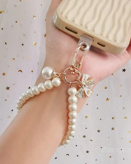 Beautiful Elegant Pearl Bow Charms Phone Keychain Wrist Hand Strap