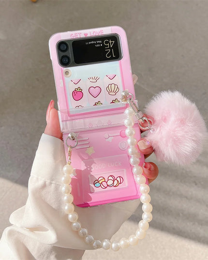 Cute Fluffy Pom Pom Pearl Beaded Wristlet Strap Phone Case Cover for Samsung Z Flip