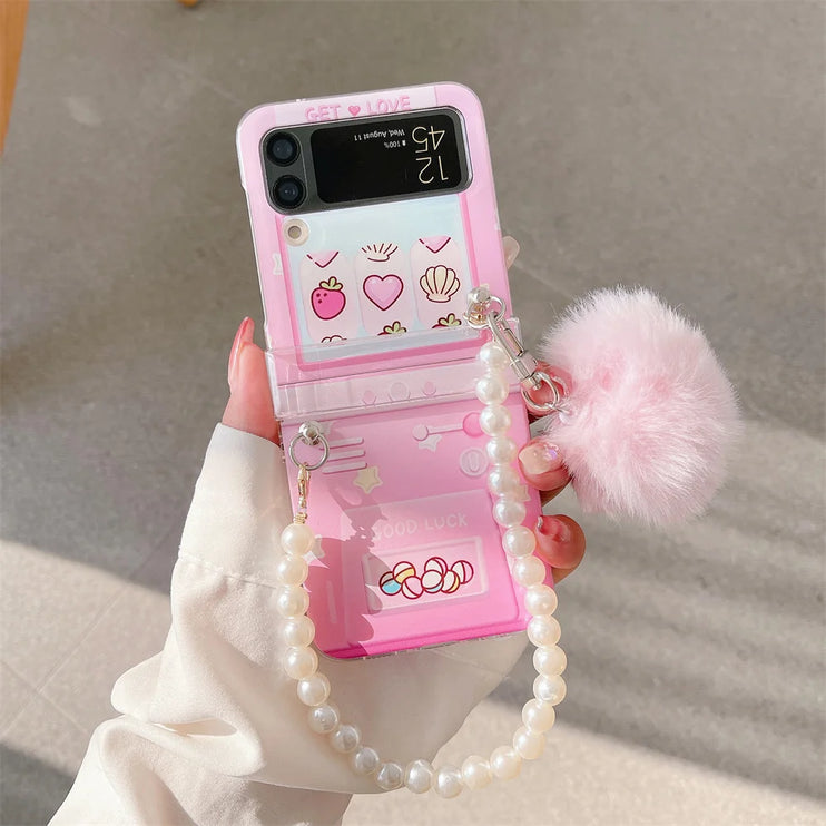 Cute Fluffy Pom Pom Pearl Beaded Wristlet Strap Phone Case Cover for Samsung Z Flip