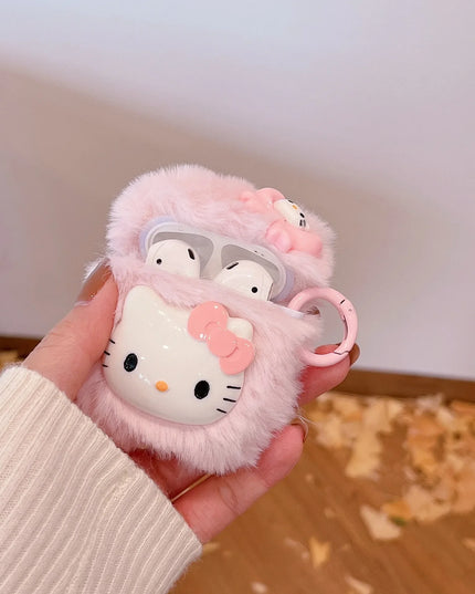 Cute Pink Fluffy Plush Pink Hello Kitty Earphone Headphone Case for AirPods