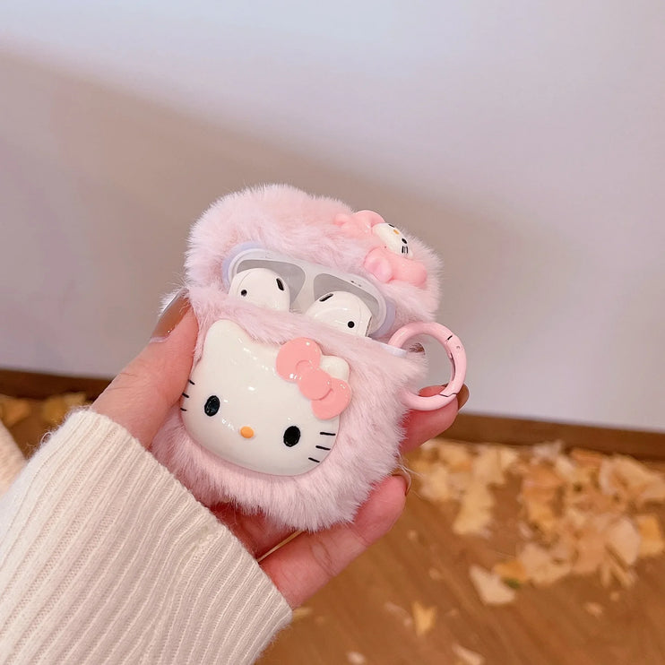 Cute Pink Fluffy Plush Pink Hello Kitty Earphone Headphone Case for AirPods