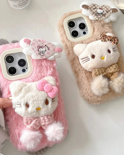 Cute Soft Fluffy Plush Hello Kitty Heart Phone Case Cover for iPhone