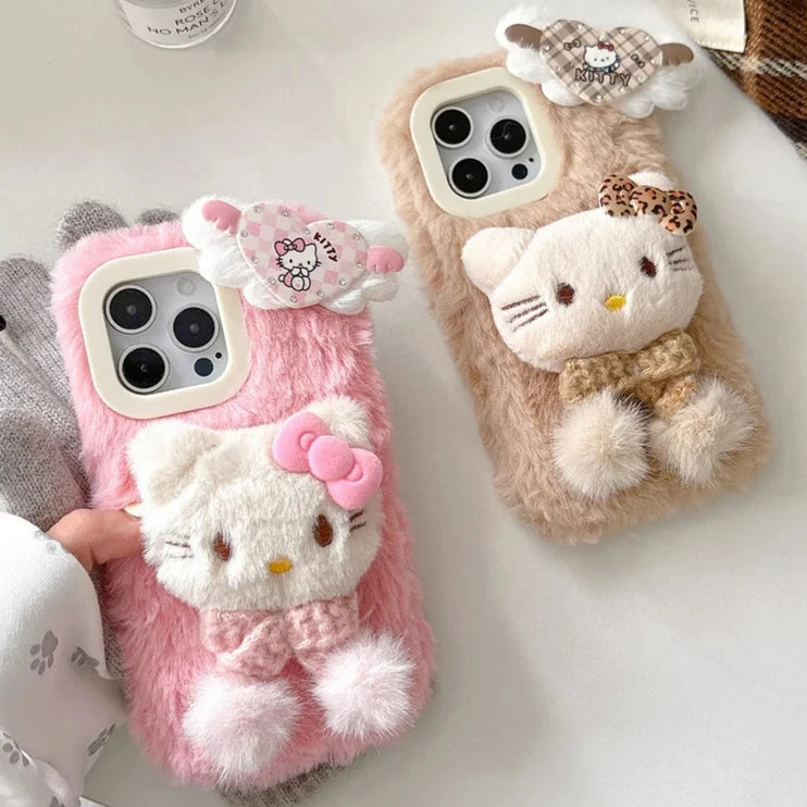 Cute Soft Fluffy Plush Hello Kitty Heart Phone Case Cover for iPhone