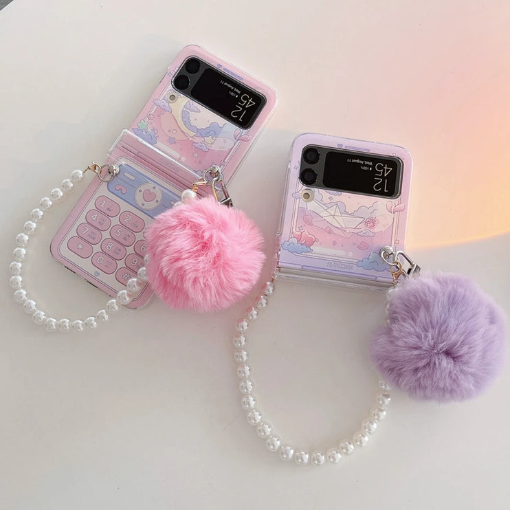 Cute Fluffy Pom Pom Pearl Beaded Wristlet Strap Phone Case Cover for Samsung Z Flip