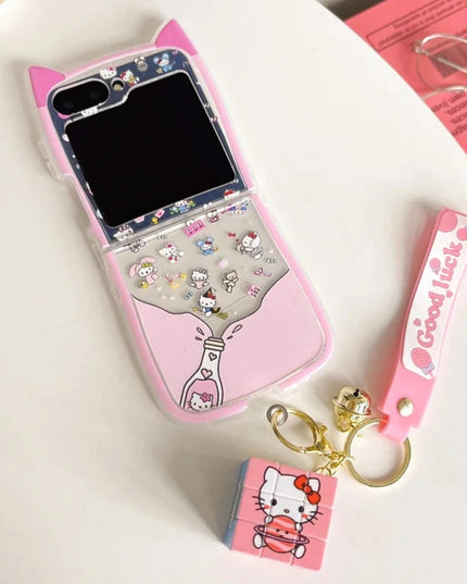 Cute Fun Sanrio Melody Hello Kitty Kuromi Rubik's Cube Charm Wristlet Strap Phone Case Cover for Samsung Z Flip