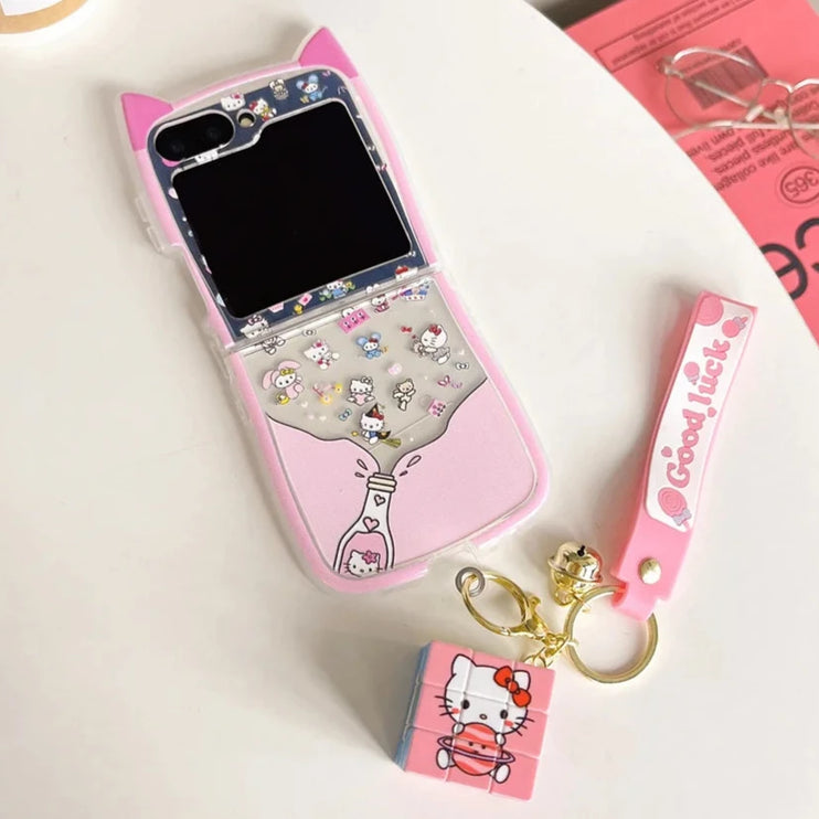 Cute Fun Sanrio Melody Hello Kitty Kuromi Rubik's Cube Charm Wristlet Strap Phone Case Cover for Samsung Z Flip