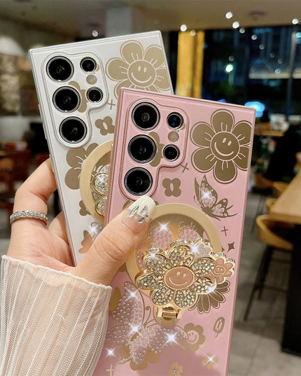 Luxury Flower Butterfly Magnetic Wireless Charge Ring Stand Phone Case for Samsung