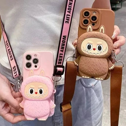 3D Labubu Zipper Silicone Wallet Phone Case For iPhone 16 15 Plus 14 13 12 Mini 11 Pro Max With Lanyard Strap Cartoon Cover