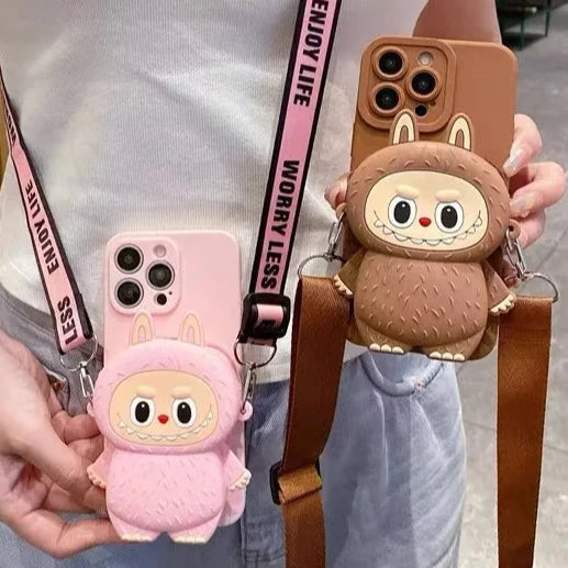 3D Labubu Zipper Silicone Wallet Phone Case For iPhone 16 15 Plus 14 13 12 Mini 11 Pro Max With Lanyard Strap Cartoon Cover