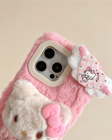 Cute Soft Fluffy Plush Hello Kitty Heart Phone Case Cover for iPhone