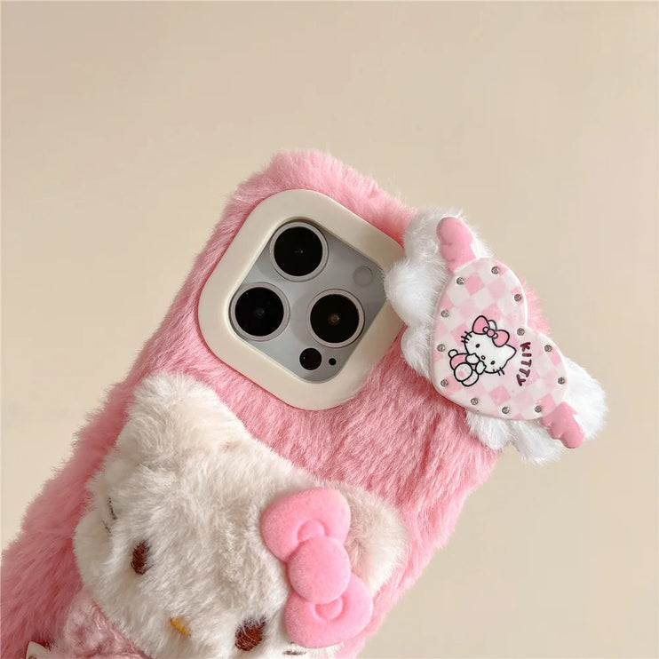 Cute Soft Fluffy Plush Hello Kitty Heart Phone Case Cover for iPhone