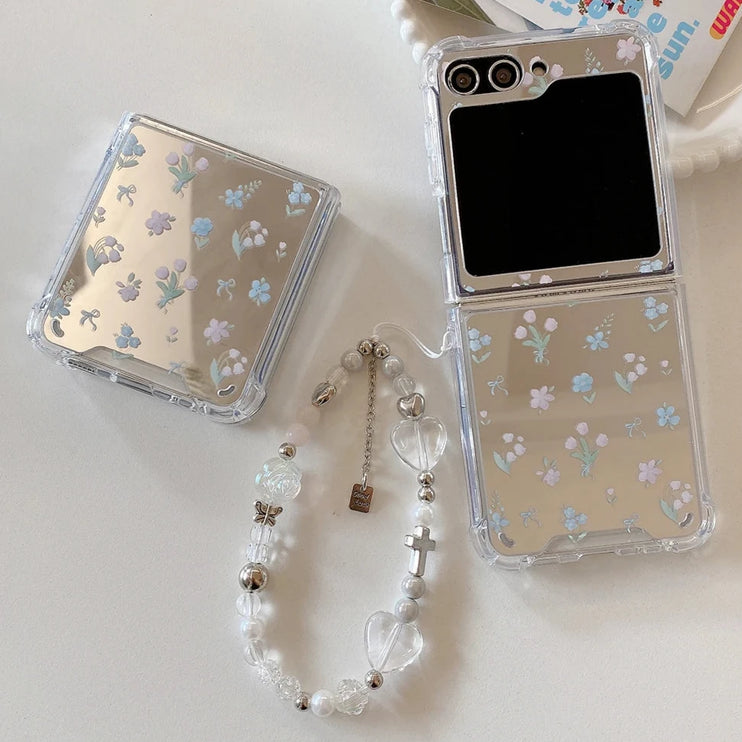 Cute Tulip Flower Mirror Beaded Wristlet Strap Phone Case Cover for Samsung Z Flip