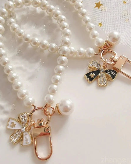 Beautiful Elegant Pearl Bow Charms Phone Keychain Wrist Hand Strap