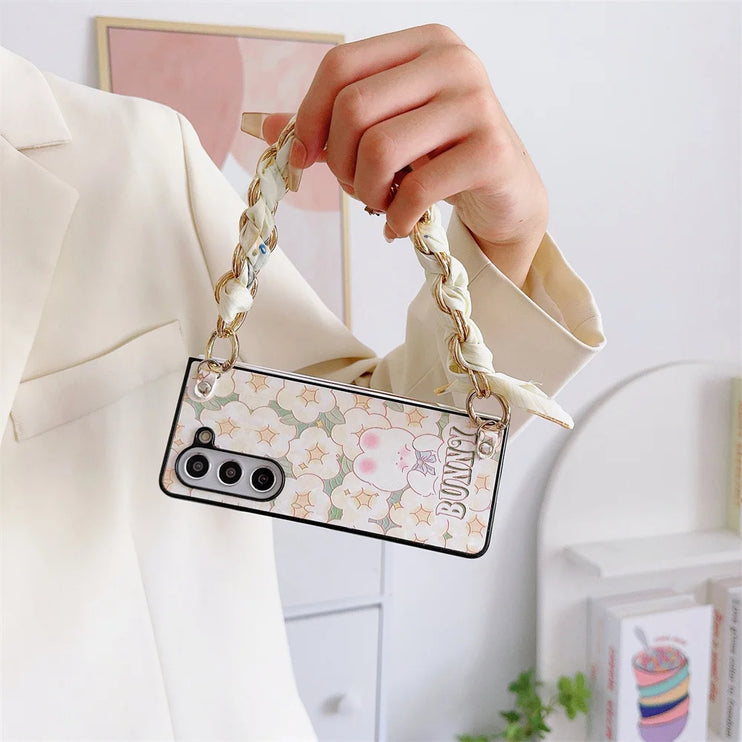 Cute Bear PU Leather Handbag Style Phone Case with Scarf & Chain Wrist Strap for Samsung Z Fold Series