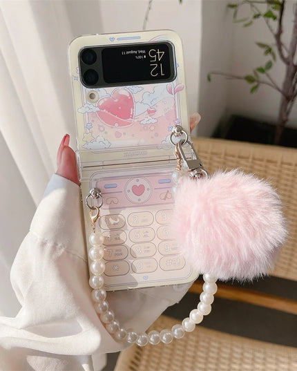 Cute Fluffy Pom Pom Pearl Beaded Wristlet Strap Phone Case Cover for Samsung Z Flip