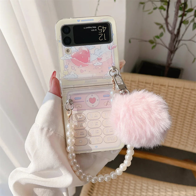 Cute Fluffy Pom Pom Pearl Beaded Wristlet Strap Phone Case Cover for Samsung Z Flip