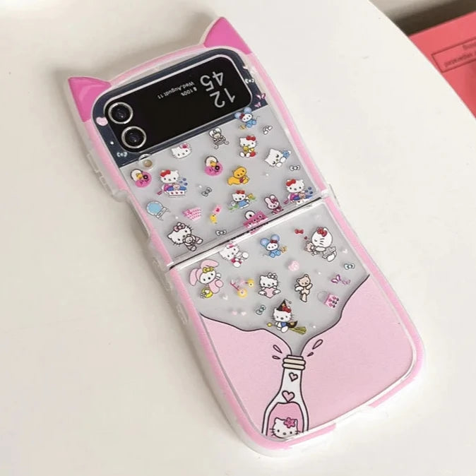 Cute Fun Sanrio Melody Hello Kitty Kuromi Rubik's Cube Charm Wristlet Strap Phone Case Cover for Samsung Z Flip