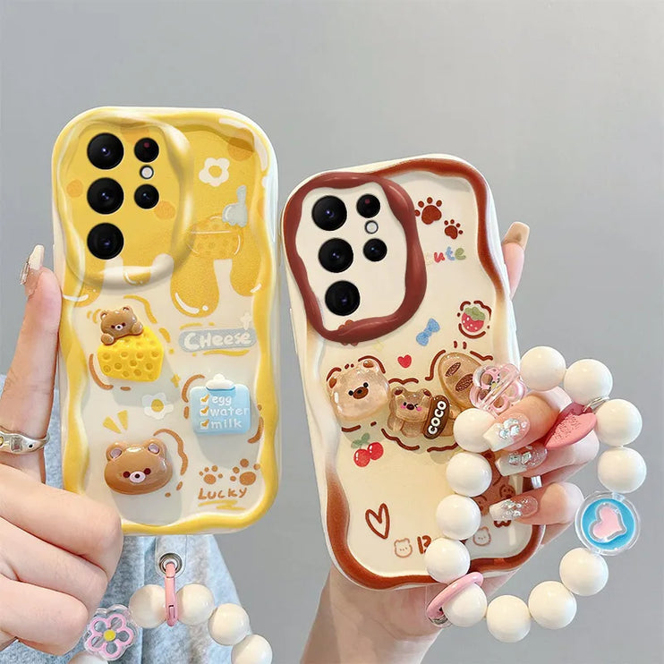 3D Cute Bear Cartoon Phone Case with Bracelet for Samsung Galaxy Series