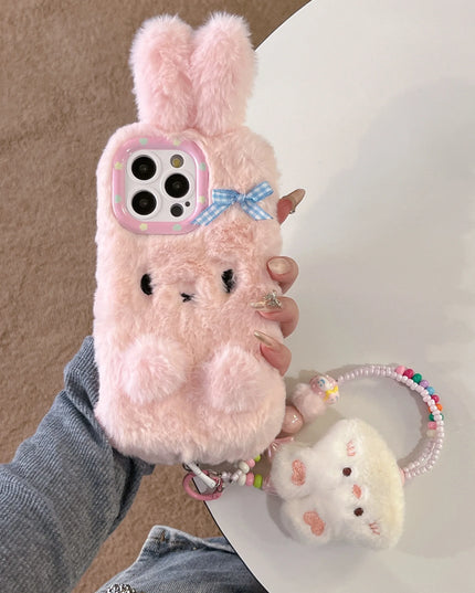 Cute Soft 3D Bunny Rabbit Plush Wristlet Strap Phone Case Cover for iPhone