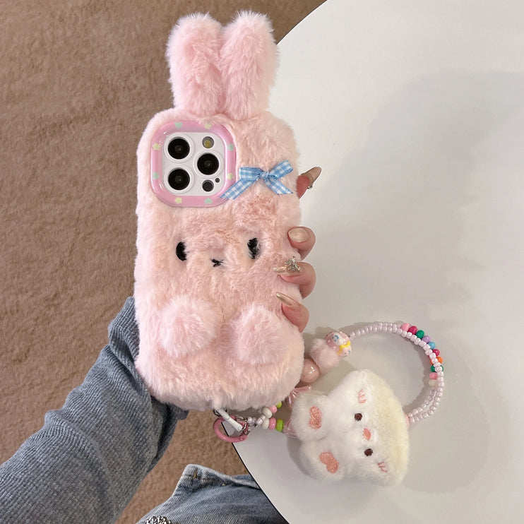 Cute Soft 3D Bunny Rabbit Plush Wristlet Strap Phone Case Cover for iPhone