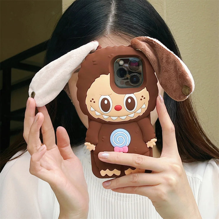 Cute 3D Labubu Fun Ear Closure Carrier Phone Case Cover for iPhone