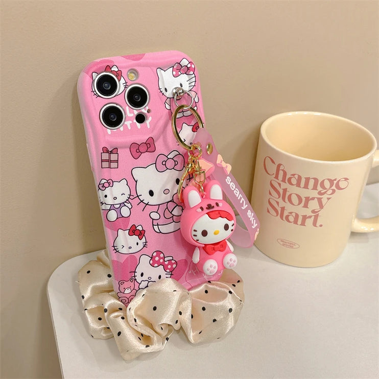 Adorable 3D Sanrio Kuromi My Melody Wavy Design Wrist Strap Phone Case Cover for iPhone