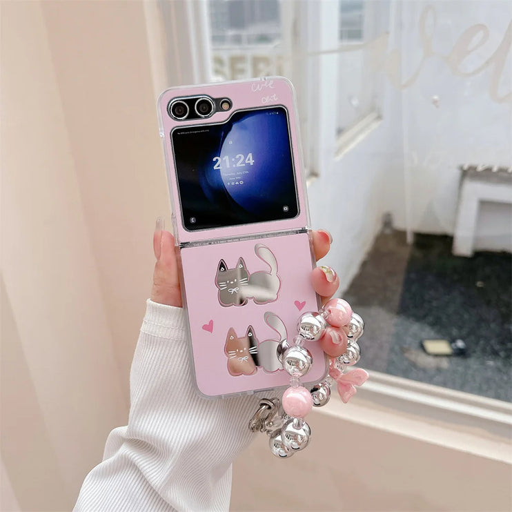 Cute Cartoon Designs Mirror Wristlet Strap Phone Case Cover for Samsung Z Flip