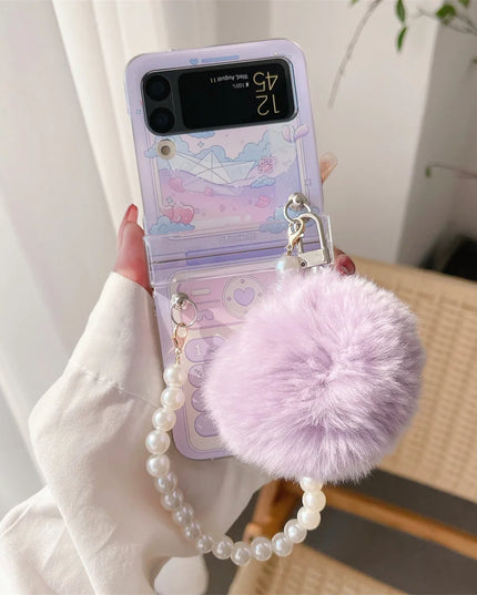 Cute Fluffy Pom Pom Pearl Beaded Wristlet Strap Phone Case Cover for Samsung Z Flip