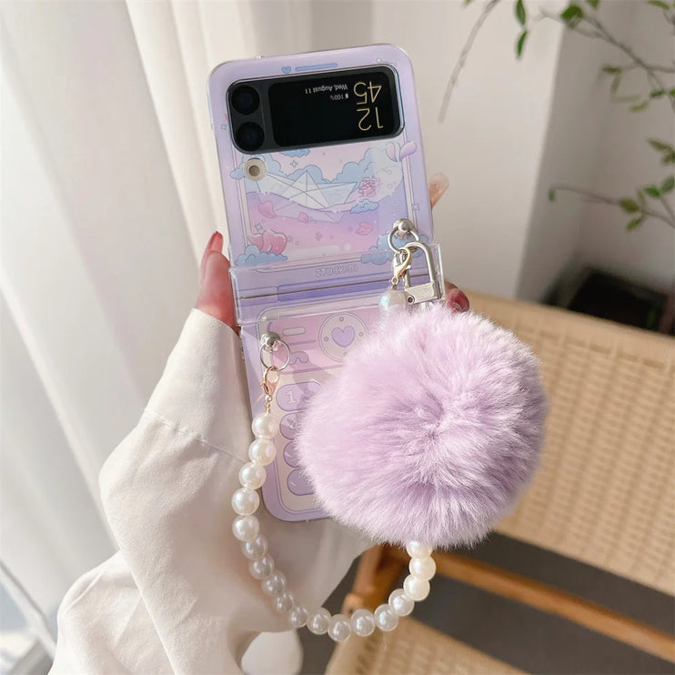 Cute Fluffy Pom Pom Pearl Beaded Wristlet Strap Phone Case Cover for Samsung Z Flip