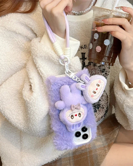 Cute Soft Fluffy Plush Labubu Charm Wristlet Strap Phone Case Cover for iPhone