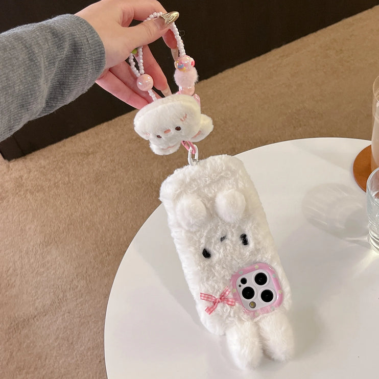 Cute Soft 3D Bunny Rabbit Plush Wristlet Strap Phone Case Cover for iPhone