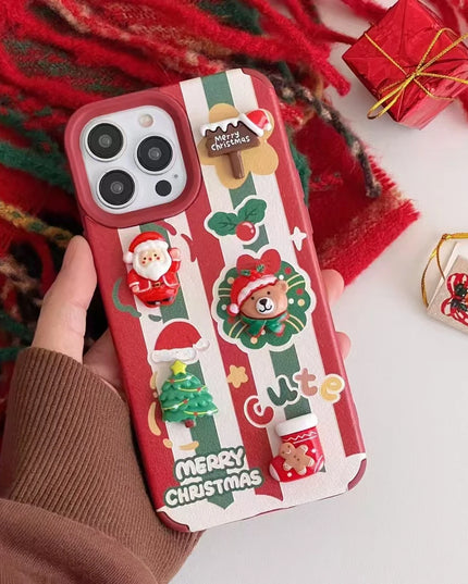 Cute Cartoon Christmas Santa Elk Charm Wristlet Strap Phone Case Cover for iPhone