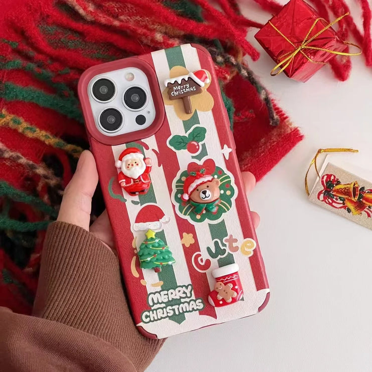 Cute Cartoon Christmas Santa Elk Charm Wristlet Strap Phone Case Cover for iPhone