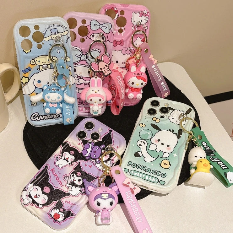 Adorable 3D Sanrio Kuromi My Melody Wavy Design Wrist Strap Phone Case Cover for iPhone