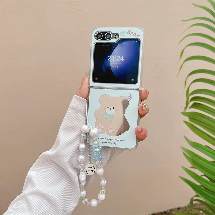 Cute Cartoon Designs Mirror Wristlet Strap Phone Case Cover for Samsung Z Flip