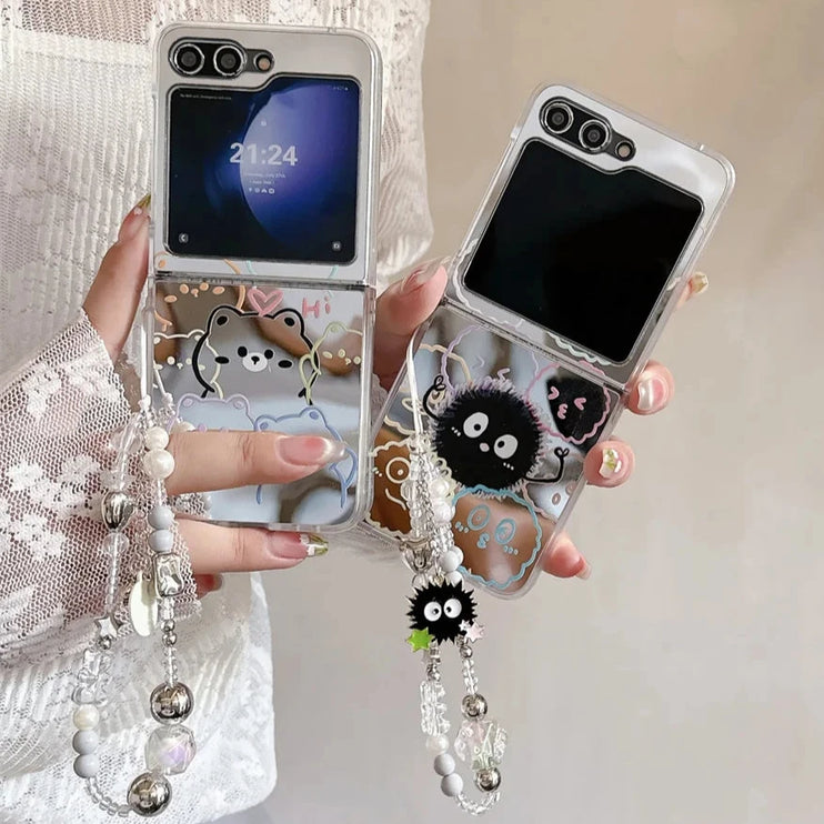 Cute Cartoon Designs Mirror Wristlet Strap Phone Case Cover for Samsung Z Flip