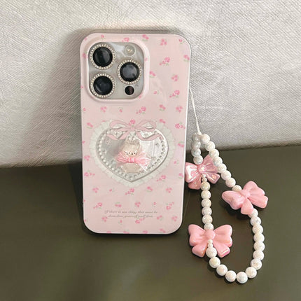 Cute 3D Crystal Cat Bow Beaded Wrist Strap Phone Case Cover for iPhone