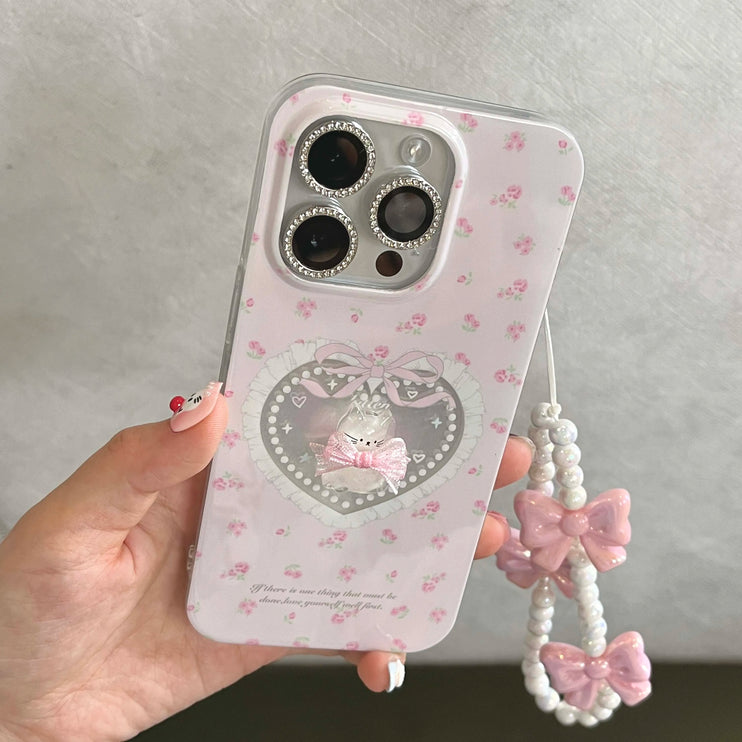 Cute 3D Crystal Cat Bow Beaded Wrist Strap Phone Case Cover for iPhone