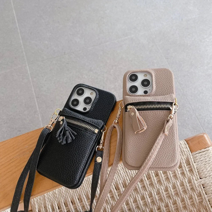 Classic Zipper Wallet Leather Crossbody Phone Case Cover for iPhone