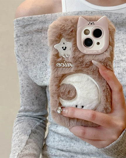 Cute Soft Furry Fluffy Plush Star Moon Phone Case Cover for iPhone