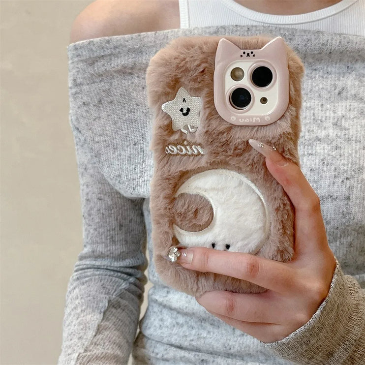 Cute Soft Furry Fluffy Plush Star Moon Phone Case Cover for iPhone