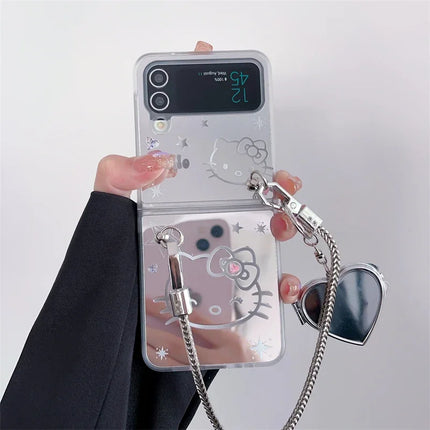 Luxury Hello Kitty Mirror Design Wristlet Strap Phone Case Cover for Samsung Z Flip