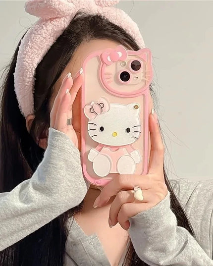 Cute Sanrio Hello Kitty Makeup Mirror Holder Stand Phone Case Cover for iPhone