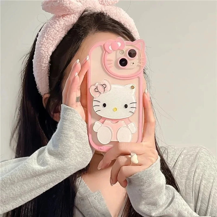 Cute Sanrio Hello Kitty Makeup Mirror Holder Stand Phone Case Cover for iPhone