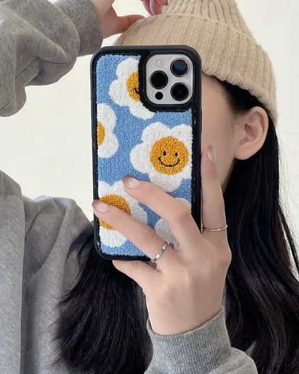 Cozy Soft Plush Smiley Flower Phone Case Cover for iPhone